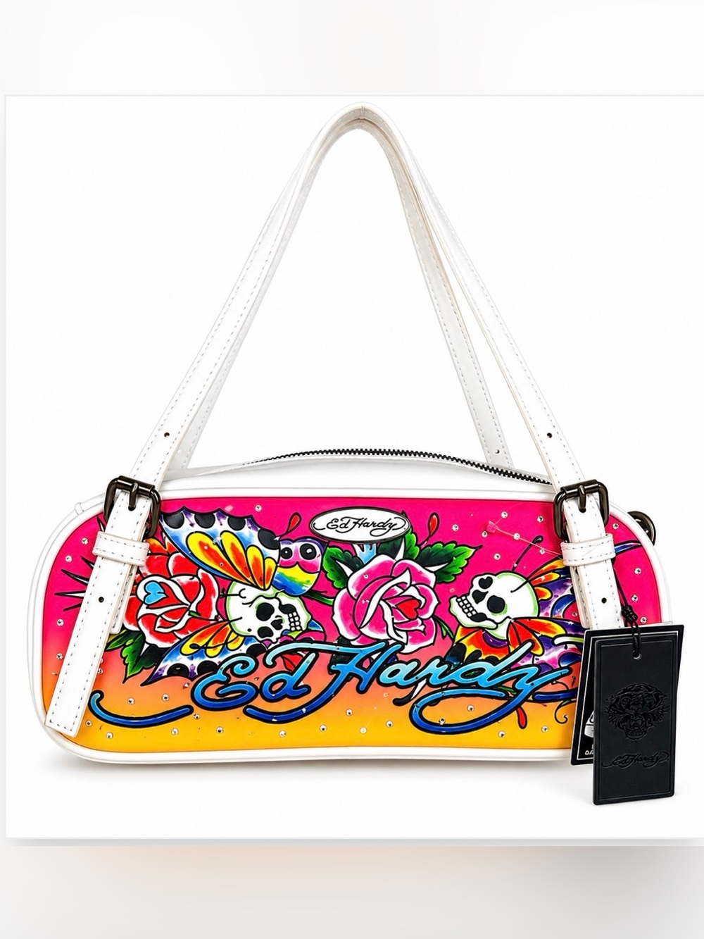 Ed Hardy Pink and White Skull Butterfly Satchel - NWT